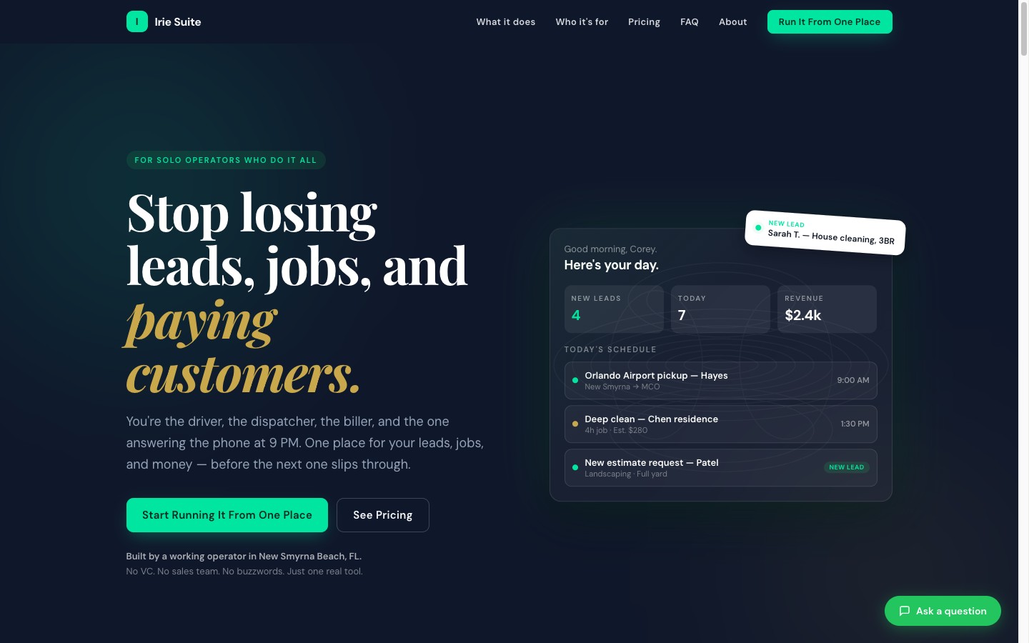 Irie Suite homepage — stop losing leads, jobs, and paying customers.