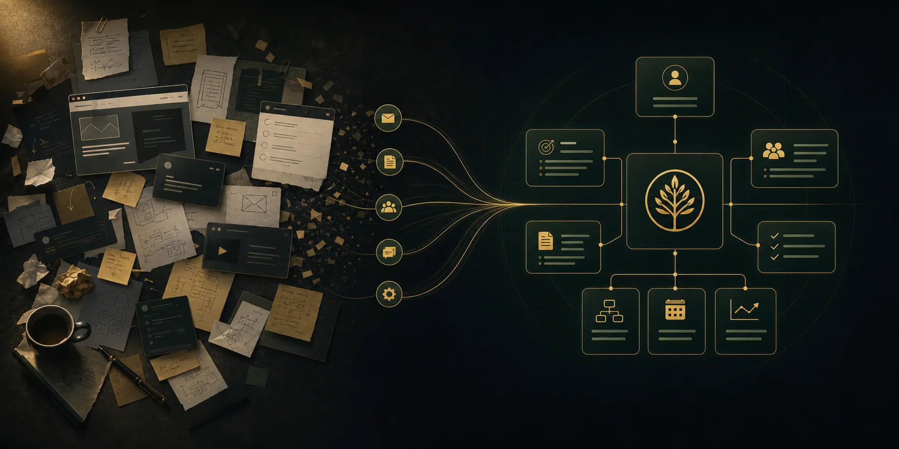 Abstract system visual showing scattered work becoming an organized connected operating map.